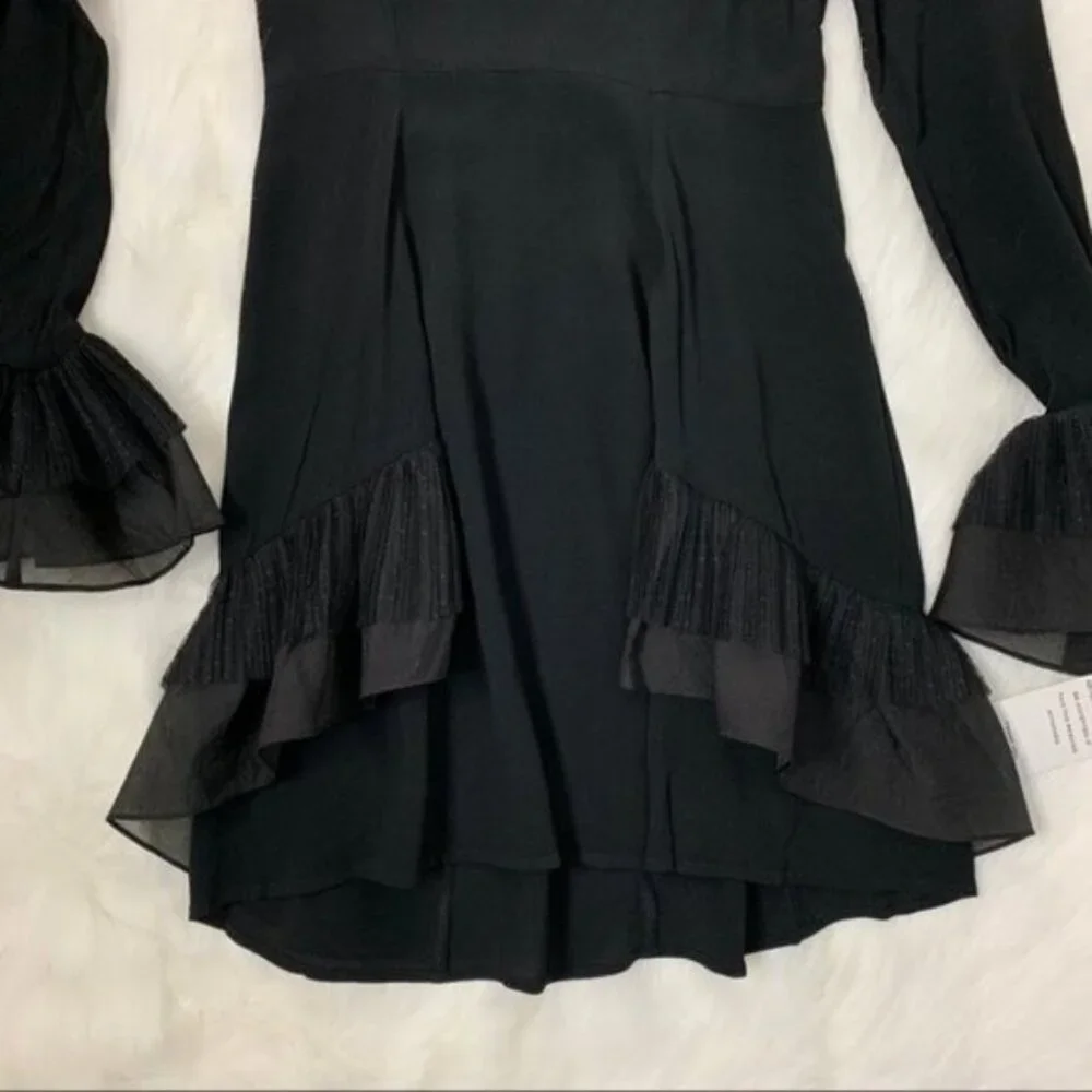 Free People For Love & Lemons Mini Dress XS Flare Sleeve Ruffles Black Prom Grad - Picture 10 of 16